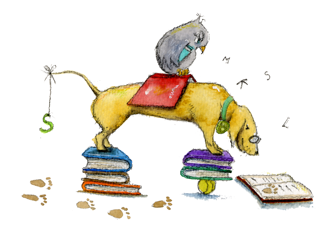 Piirretyssä kuvassa lukudiplomikoira Salonen seisoo kirjapinojen päällä, pöllö selässään, ja lukee kirjaa.