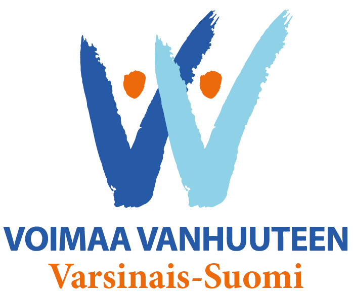 Voimaa vanhuuteen logo, jossa kaksi eri sinisen sävyistä V-kirjainta