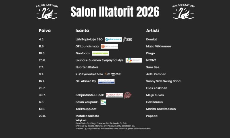 Salon Iltatorikesä 2026 ja Iltatorien isännät. Kuvituskuva.