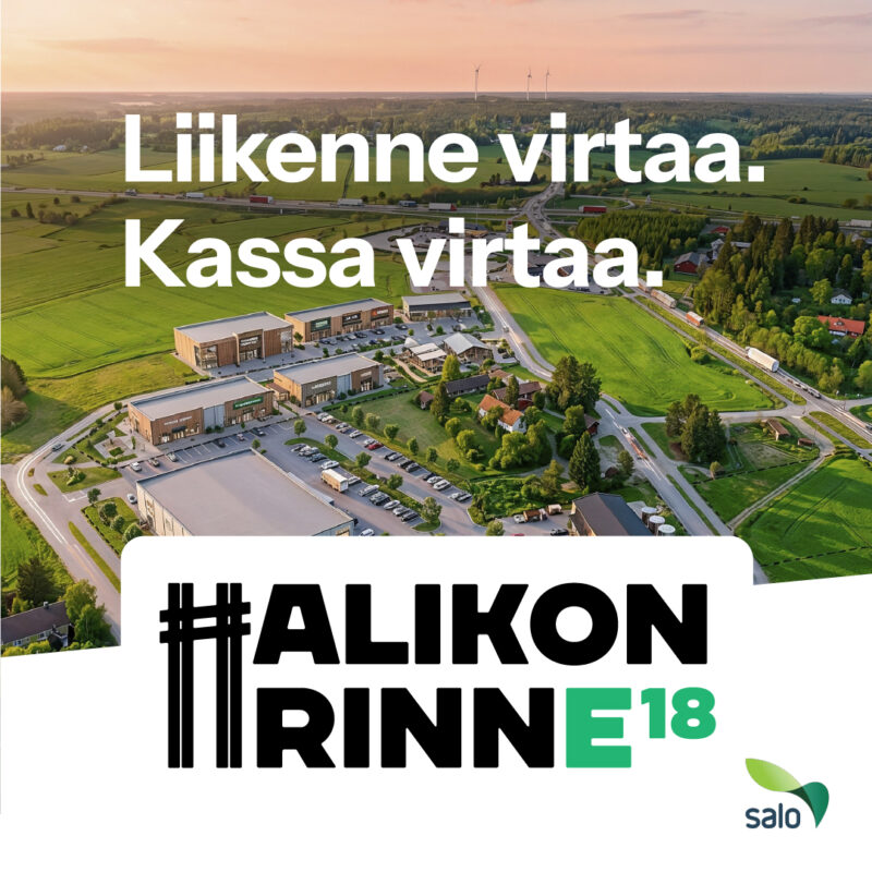 Halikonrinteen yritysalueen kuva. Kuvan päällä on tekstit: Liikenne virtaa. Kassa virtaa. Halikonrinne E18.